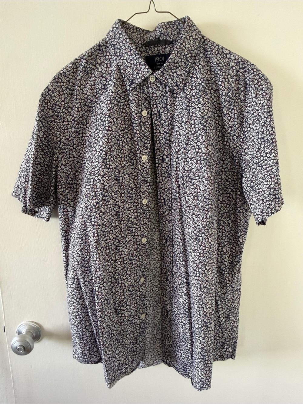 1901 Navy and White Micro Floral Short-Sleeve Button-Up Shirt